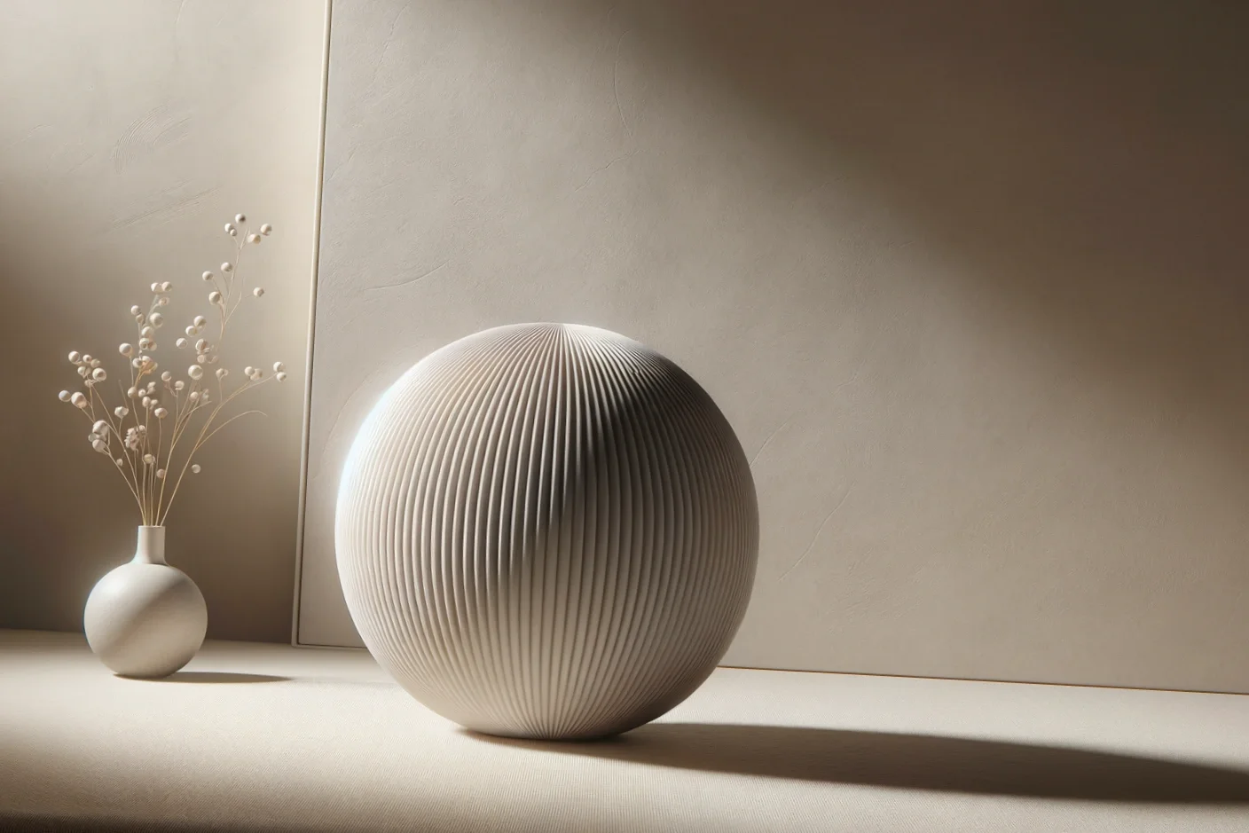 A textured white spherical sculpture on a flat surface next to a white vase with dried branches against a beige wall.