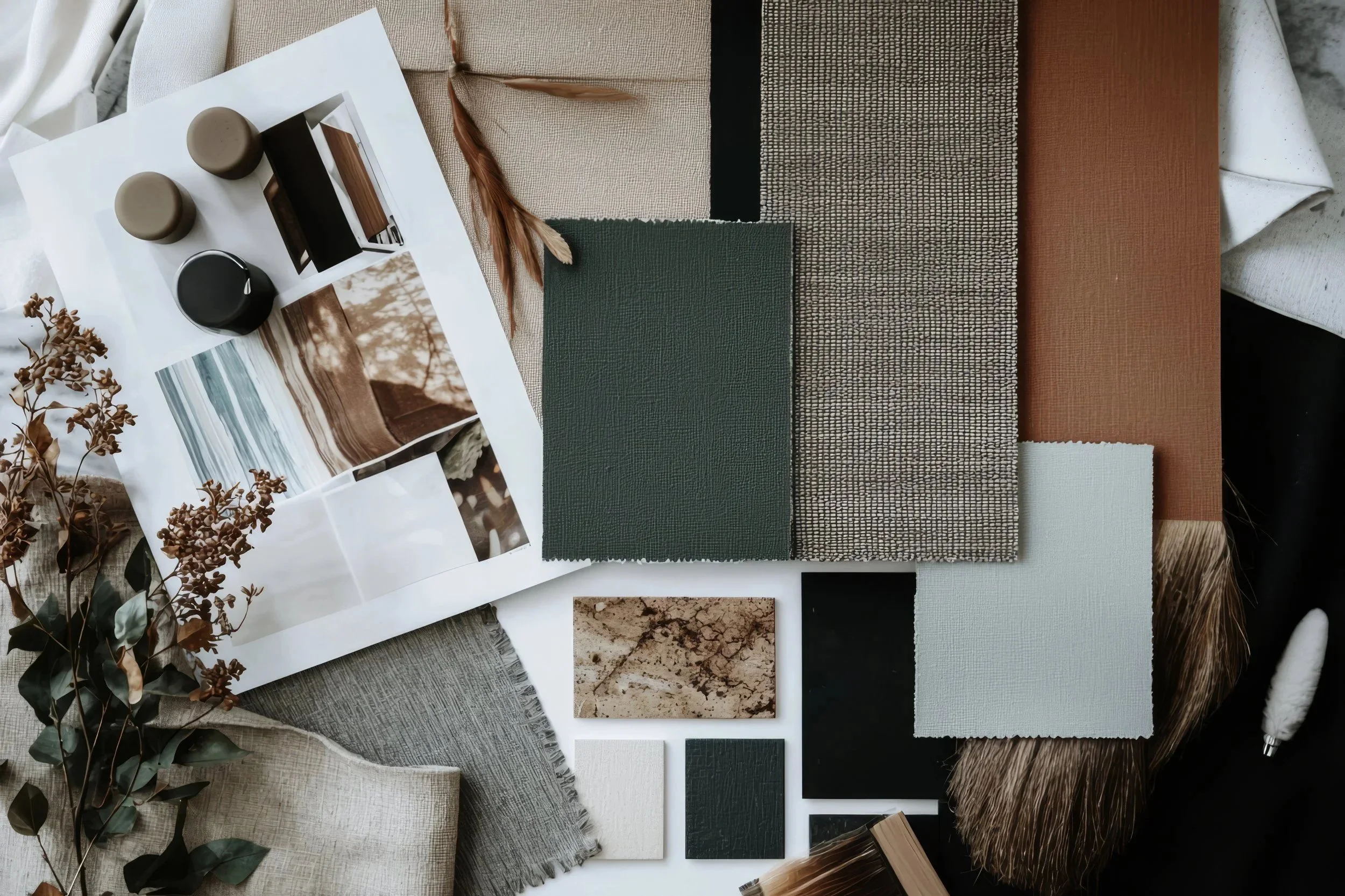 Colorado Springs modern interior design fabric and color palette with various textured fabrics, color swatches, photographs, and decorative elements arranged on a table.