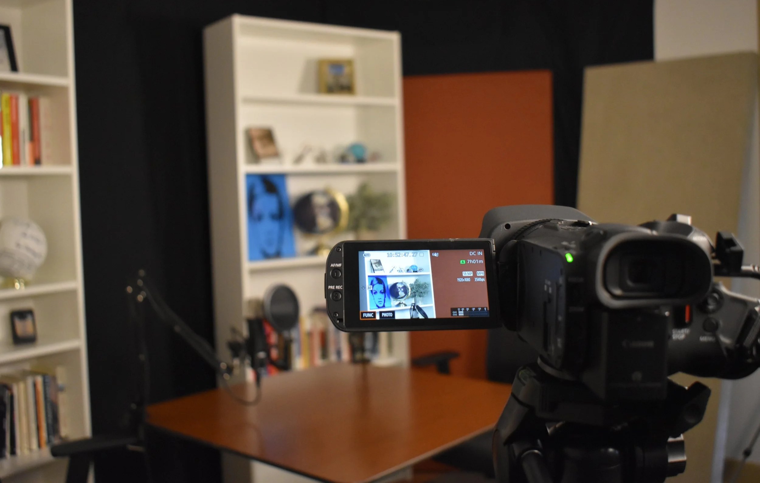 A video camera set up to record in the studio of Sa'ida Sound and Video.