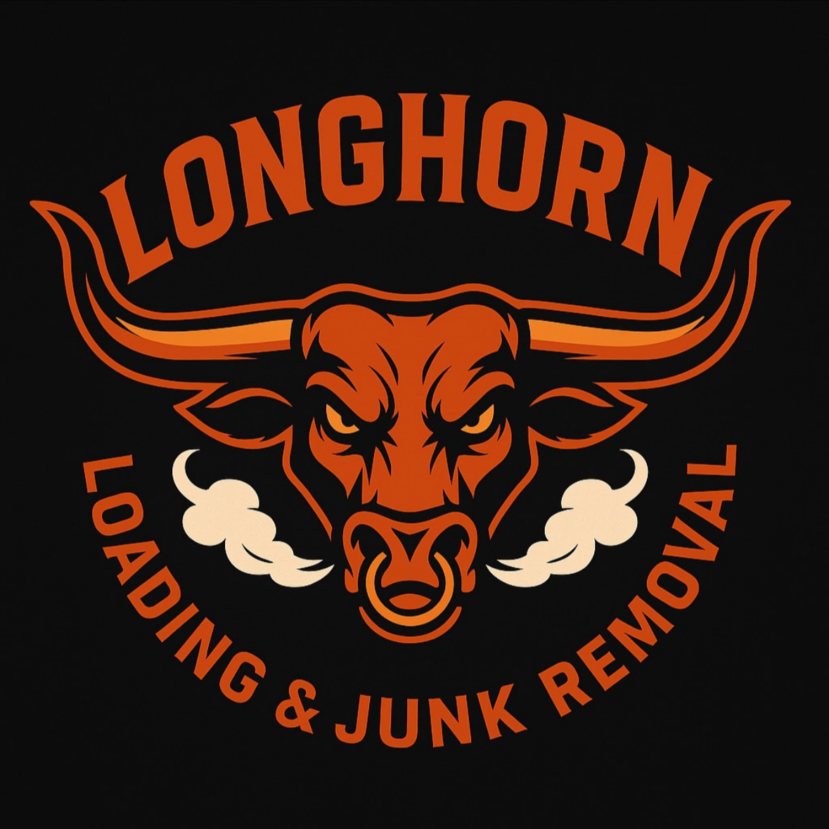 Logo for Longhorn, a junk removal company, featuring a stylized orange longhorn steer head with steam puff clouds on a black background. The text "LONGHORN" is at the top and "LOADING & JUNK REMOVAL" at the bottom in orange.