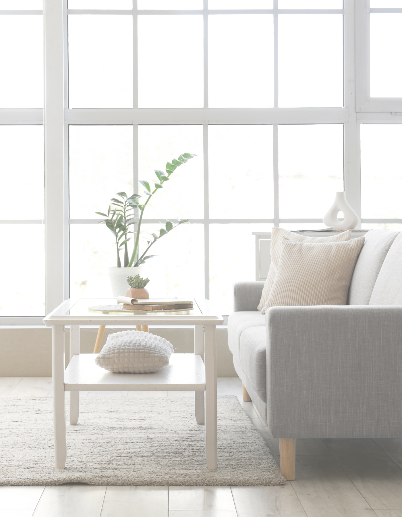Calm, light-filled therapy space with a sofa, chair, and plants near a large window.