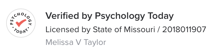 Psychology Today verification badge for Mel Taylor, licensed professional counselor in Missouri, credentialed as Melissa V. Taylor, MA, LPC