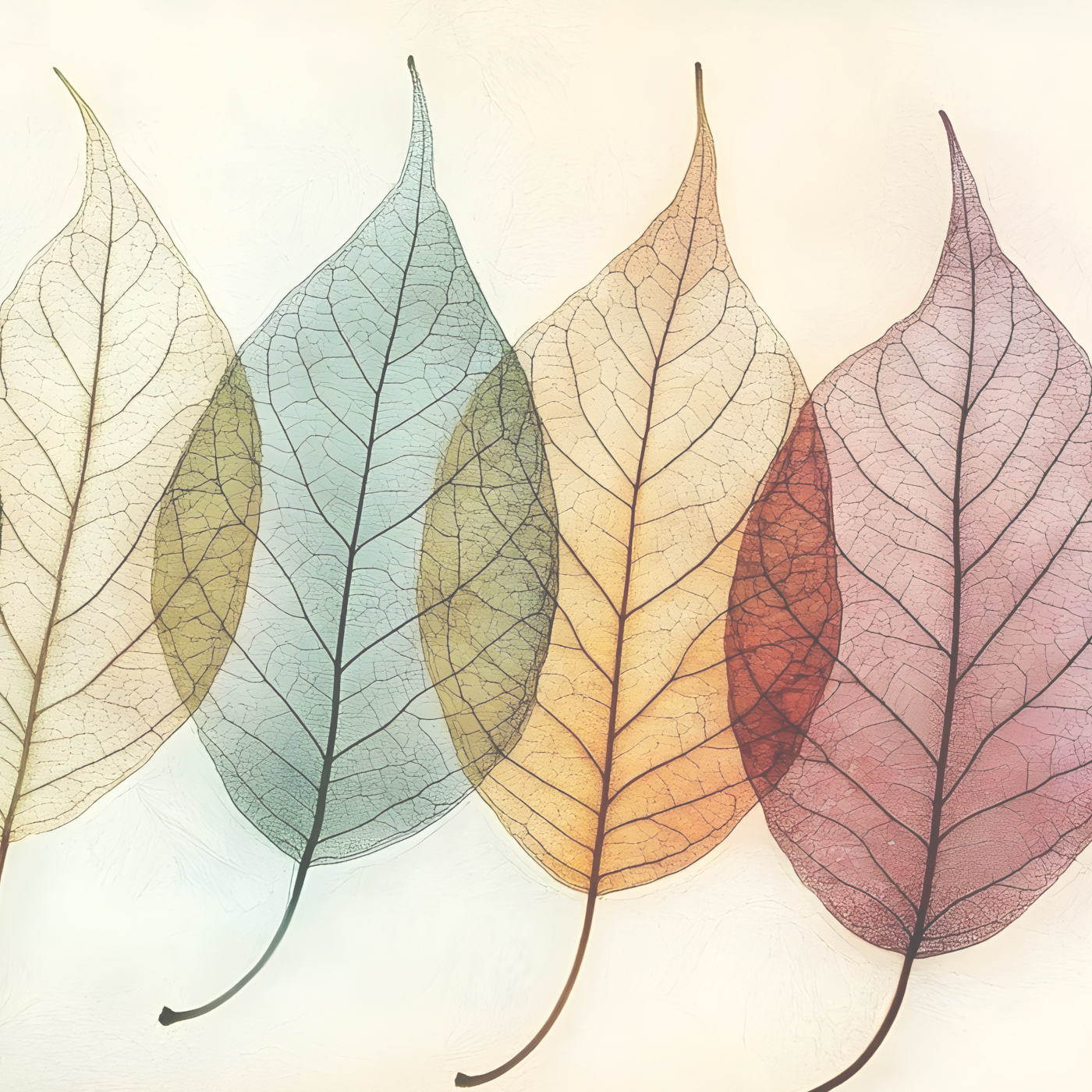 Four leaves in different colors arranged together, symbolizing changing seasons.