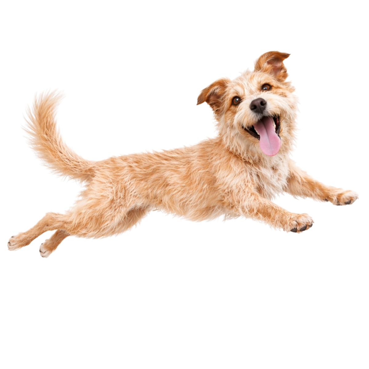 A happy, small, fluffy dog with light brown fur, running and smiling with its tongue out.