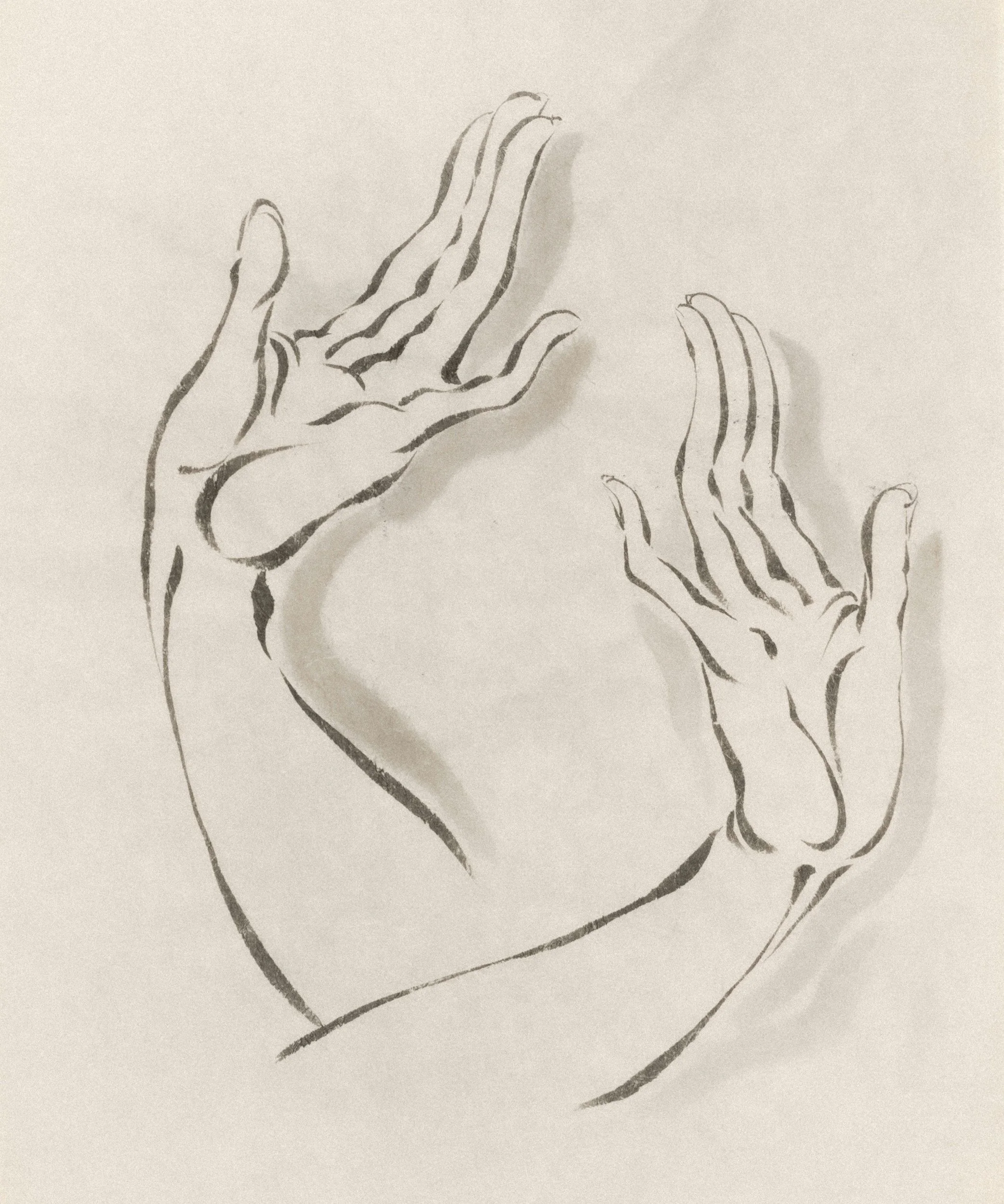 Line drawing of two hands with fingers extended, clasped together against a plain background.