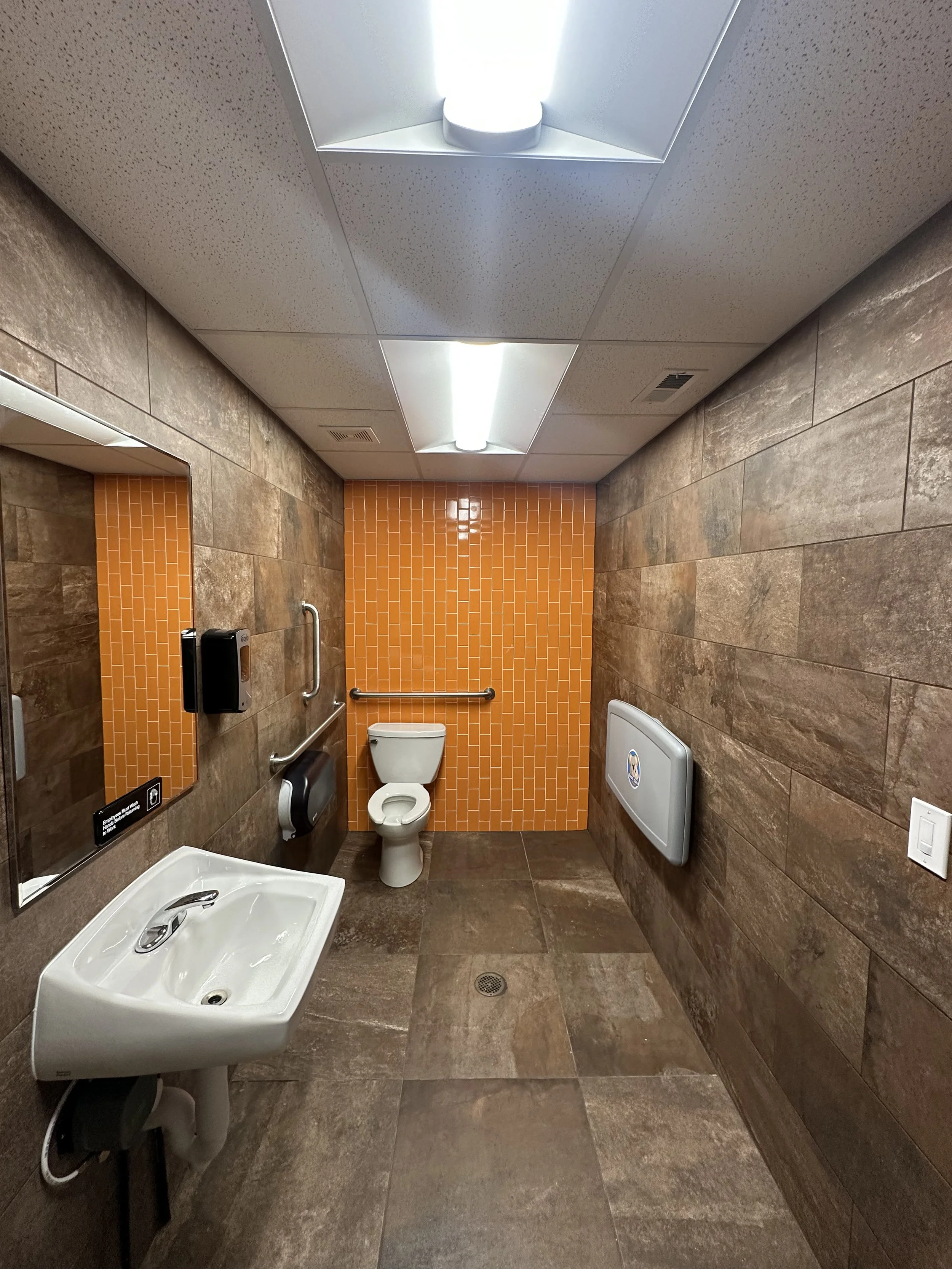 brown tile on floor and walls, plus one orange-tiled wall behind toilet, flourescent lighting, bathroom sink, mirror, handicapped handbars, diaper changing station