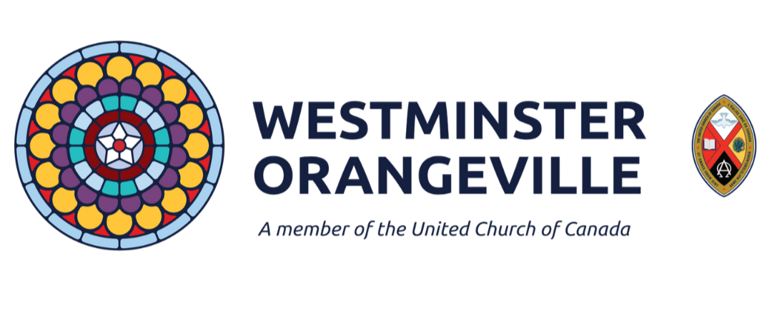 Logo of Westminster Orangeville, a member of the United Church of Canada, featuring a colorful stained glass circular window, a church emblem, and text with the church's name and affiliation.