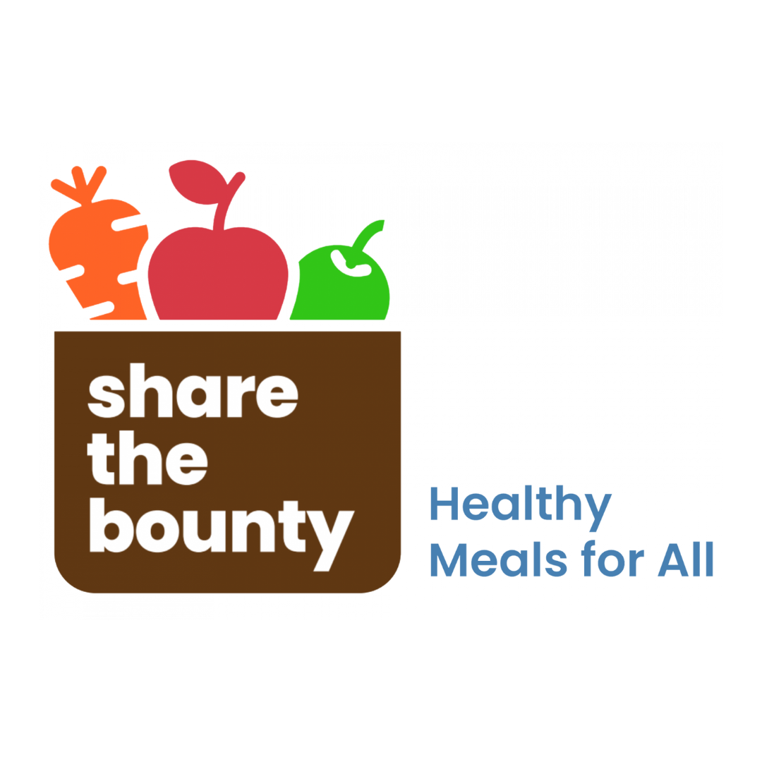 Graphic logo featuring three colorful vegetables above a brown box with white text that reads 'share the bounty'. To the right, blue text says 'Healthy Meals for All'.