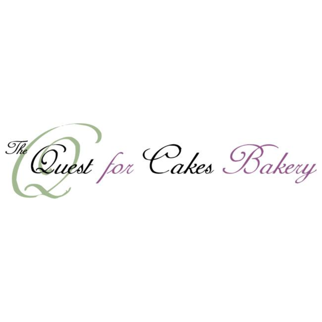 Logo for 'The Quest for Cakes Bakery' with elegant, cursive font in black, purple, and green colors.