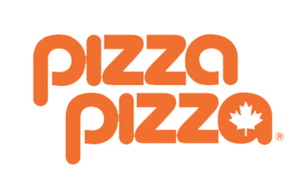 Logo with the words 'Pizza Pizza' in orange, stylized font, with a maple leaf inside the letter 'O' in 'Pizza'.