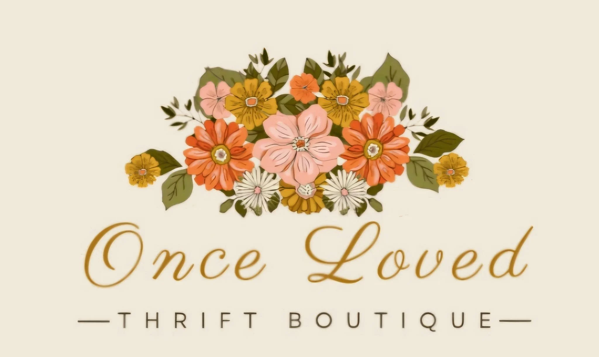 Logo for Once Loved Thrift Boutique with a floral arrangement of pink, orange, yellow, and white flowers above the text.