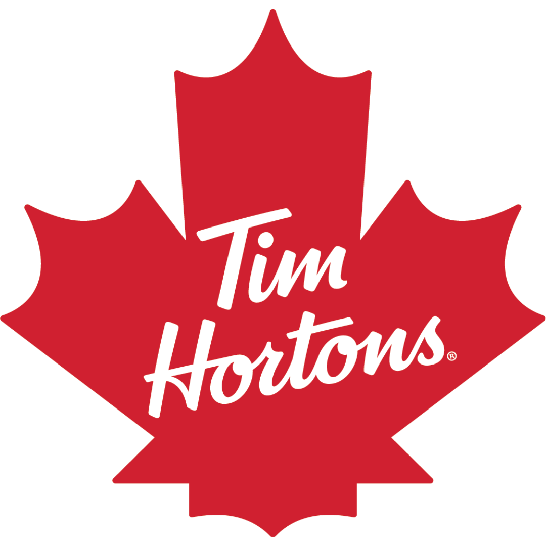 Red maple leaf with 'Tim Hortons' written across the center in white text.