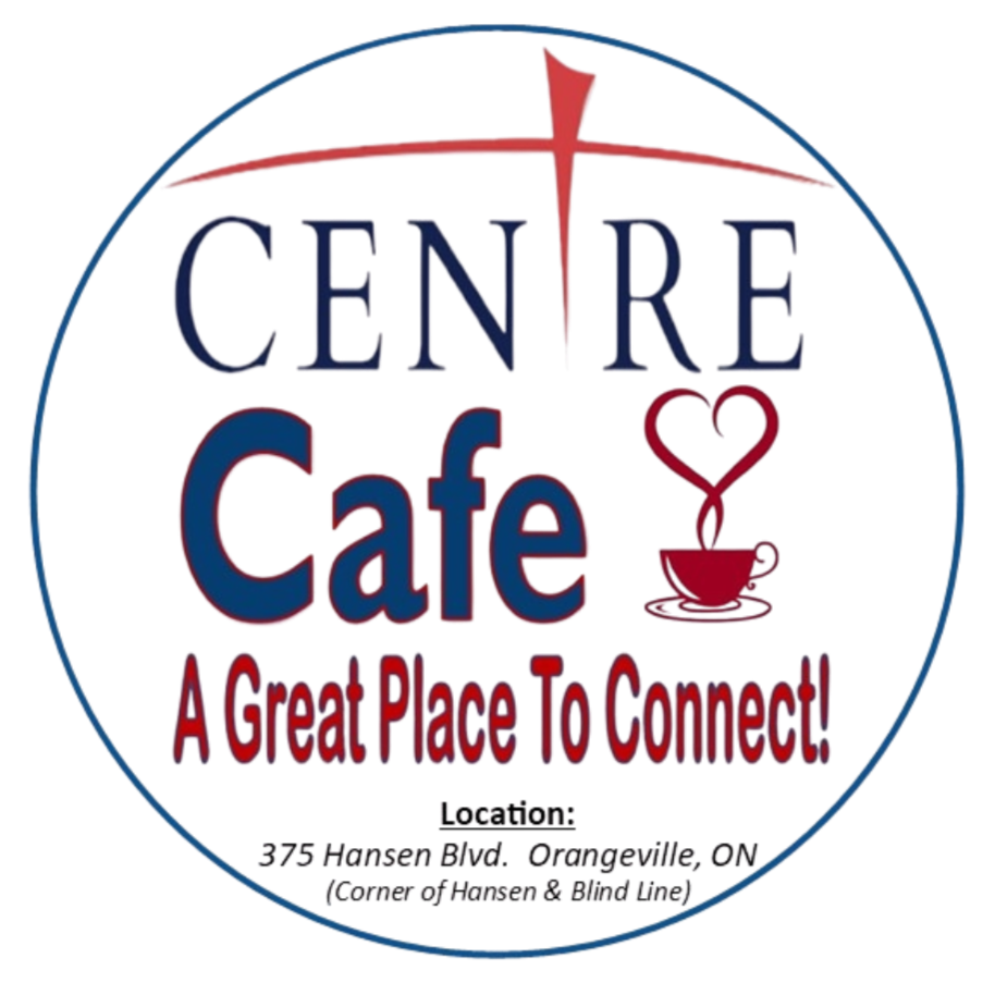 A circular logo for 'Centre Cafe' featuring a red coffee cup with steam shaped like a heart, text that says 'A Great Place To Connect,' and a background with various colors and design elements.