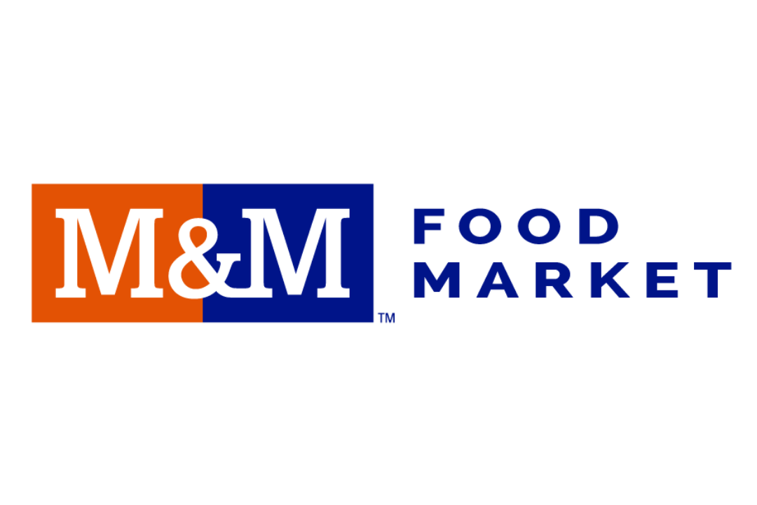 M&M Food Market logo with orange, blue, and white design.