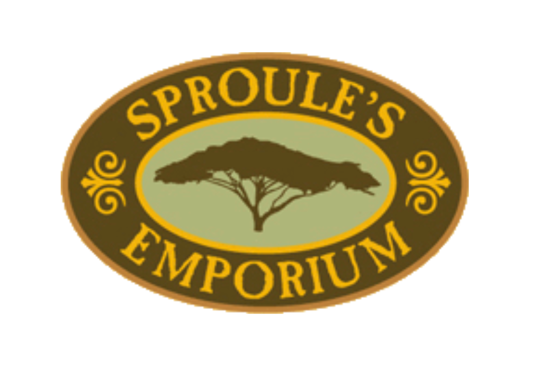 Sprout's Emporium logo featuring a tree silhouette inside an oval with yellow border and text.