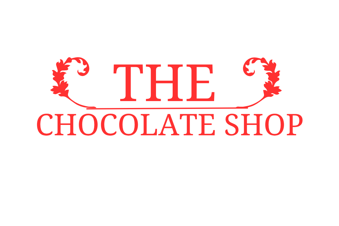 Logo for The Chocolate Shop with red decorative flourishes and text on a black background.
