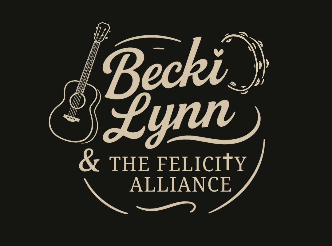 Logo for Becki Lynn & The Felicity Alliance featuring a stylized guitar and a tambourine on a black background.