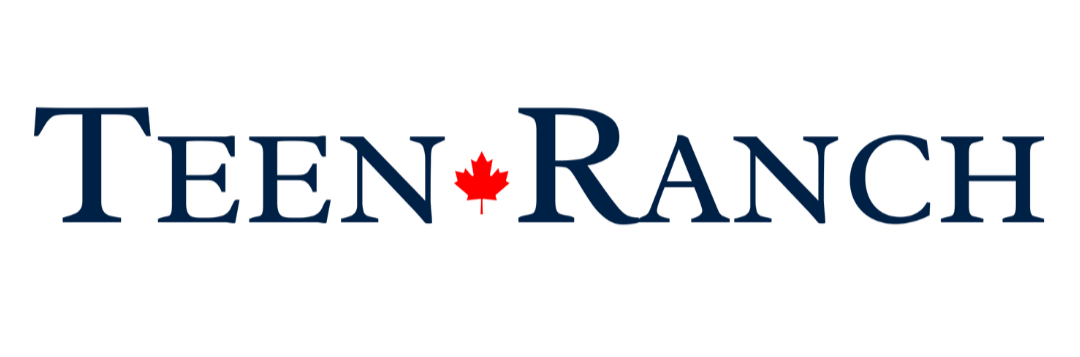 Teen Ranch logo with the text 'Teen Ranch' in navy blue, a red maple leaf in place of the dot over the 'i', and the slogan 'Inspiring Kids to Grow' below.