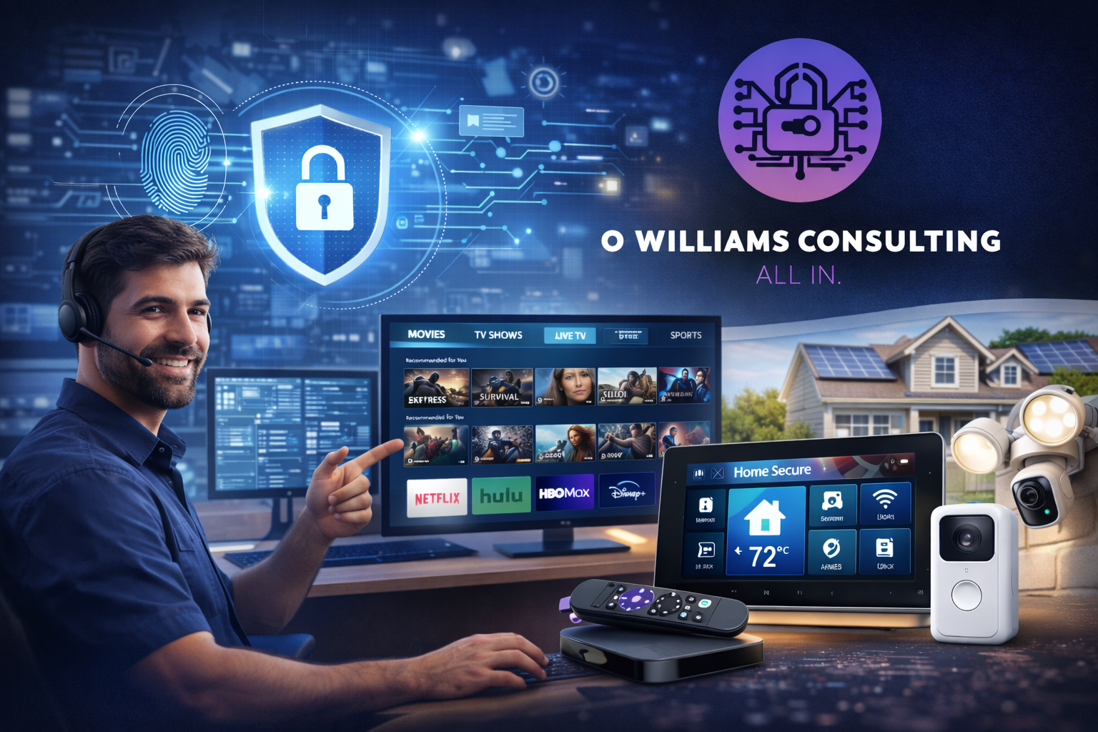 A smiling man wearing a headset points at a screen displaying streaming services and TV shows in a high-tech home automation setup, with security cameras and digital interfaces.