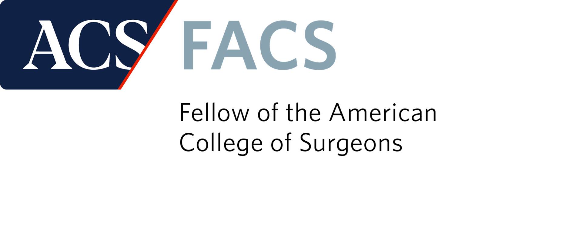 Logo of the American College of Surgeons (ACS) and FACS, with black text and a diagonal red line in a navy blue rectangle.