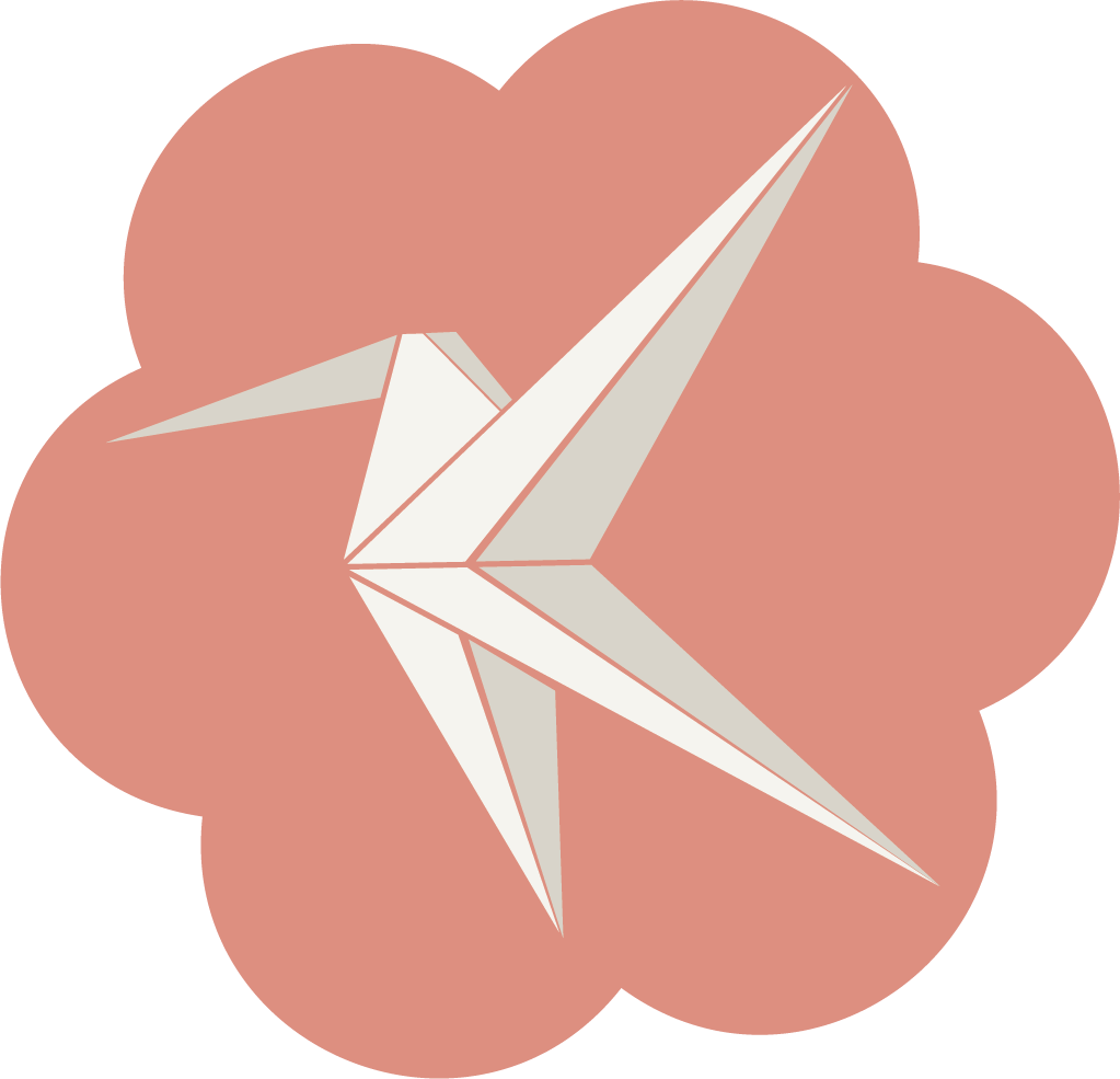 Illustration of a paper colored origami hummingbird on peach-colored blossom.