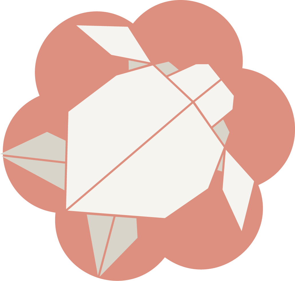 Illustration of a paper colored origami turtle on peach-colored blossom.