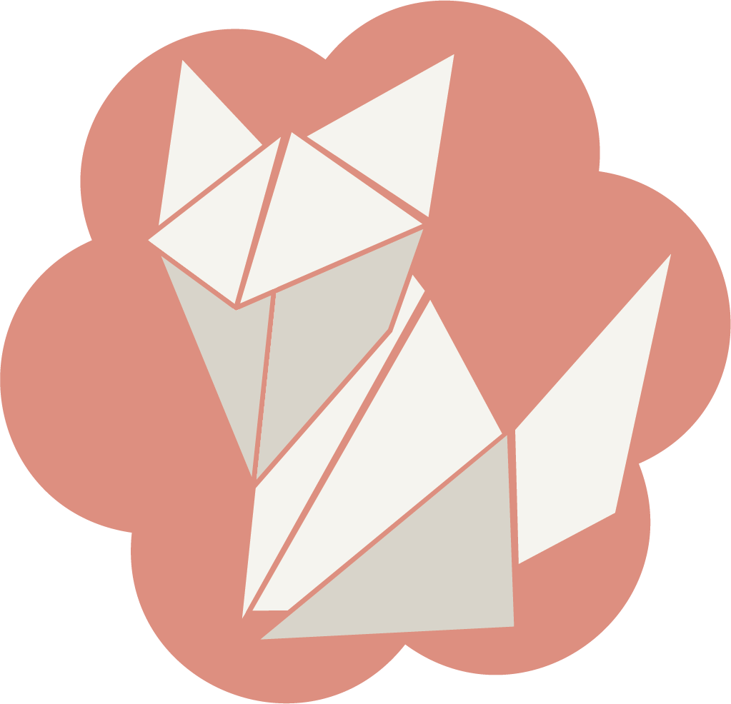 Illustration of a paper colored origami fox on peach-colored blossom.