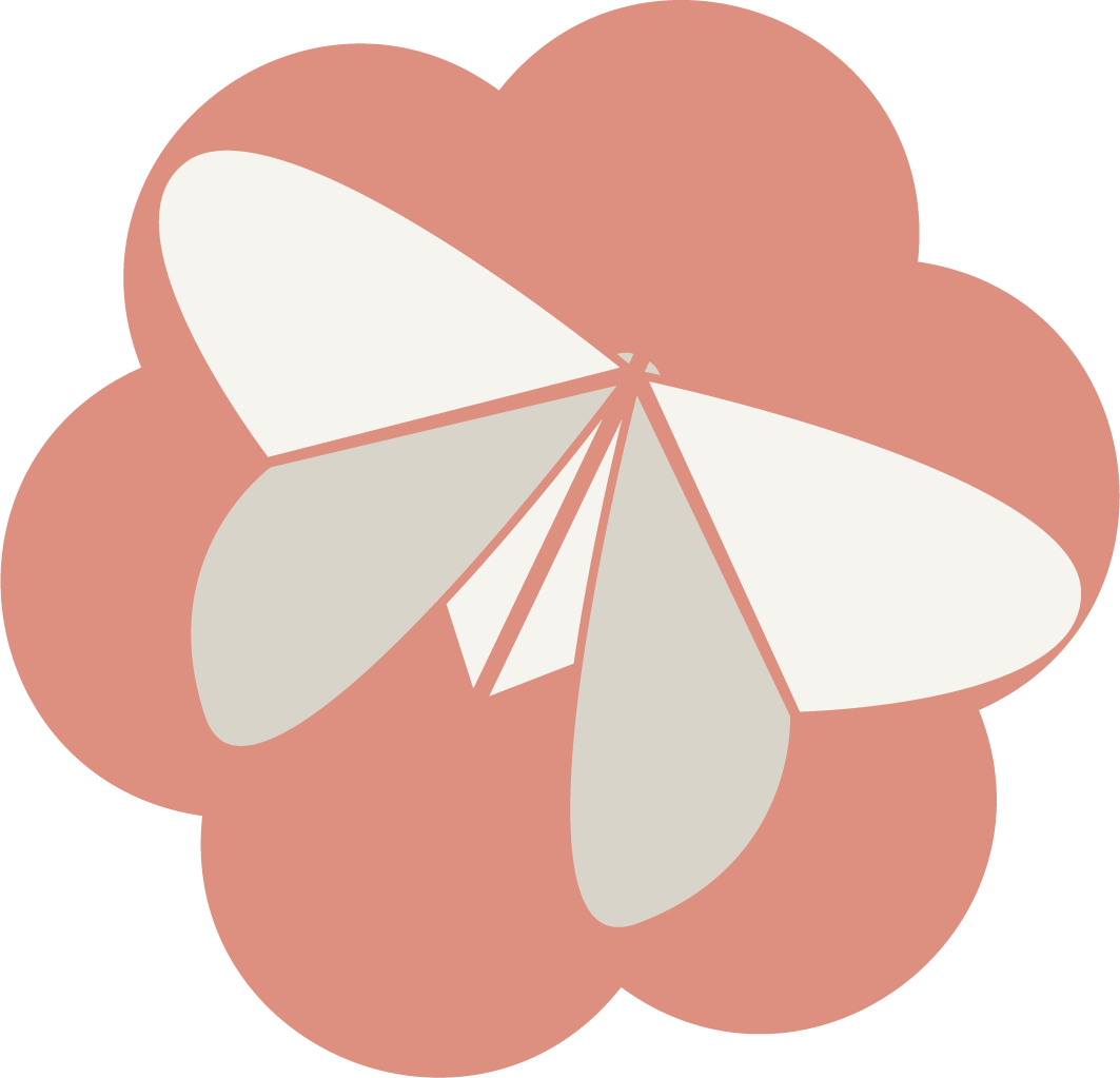 Illustration of a paper colored origami butterfly on peach-colored blossom.