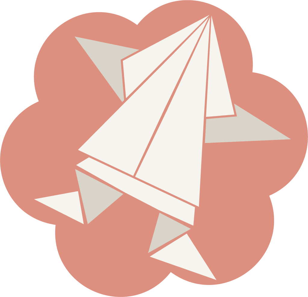 Illustration of a paper colored origami frog on peach-colored blossom.