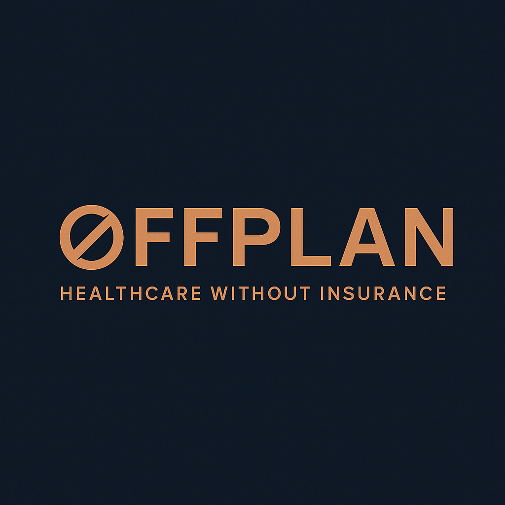 The image shows a dark background with the text 'OFFPLAN' and the tagline 'Healthcare Without Insurance' underneath.