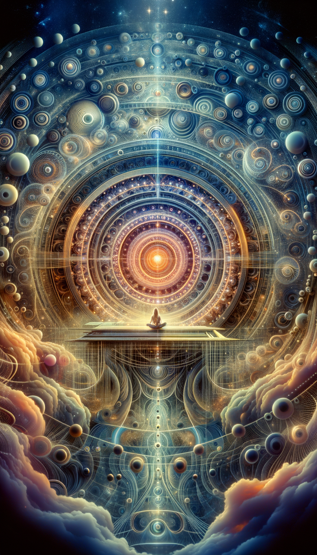A person meditating in front of a cosmic, fractal-like, geometric pattern with glowing orbs, clouds, and stars in a surreal, space-like scene.