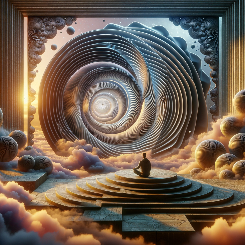 A person sitting cross-legged on a stone platform in a surreal environment with floating clouds and large sphere structures, facing an ornate, spiral tunnel with abstract, swirling patterns, surrounded by clouds and cosmic elements.