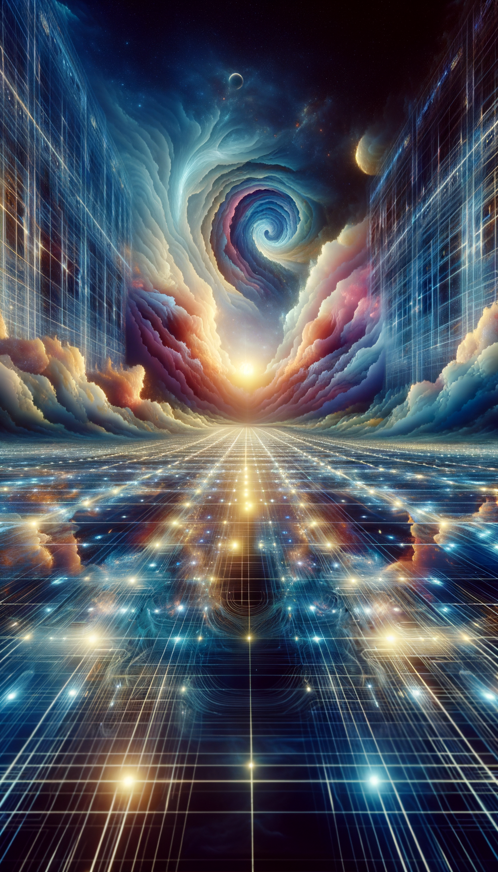 A digital artwork depicting a cosmic scene with swirling clouds, distant planets, and a bright glowing sun over a grid-like surface reflecting the sky.