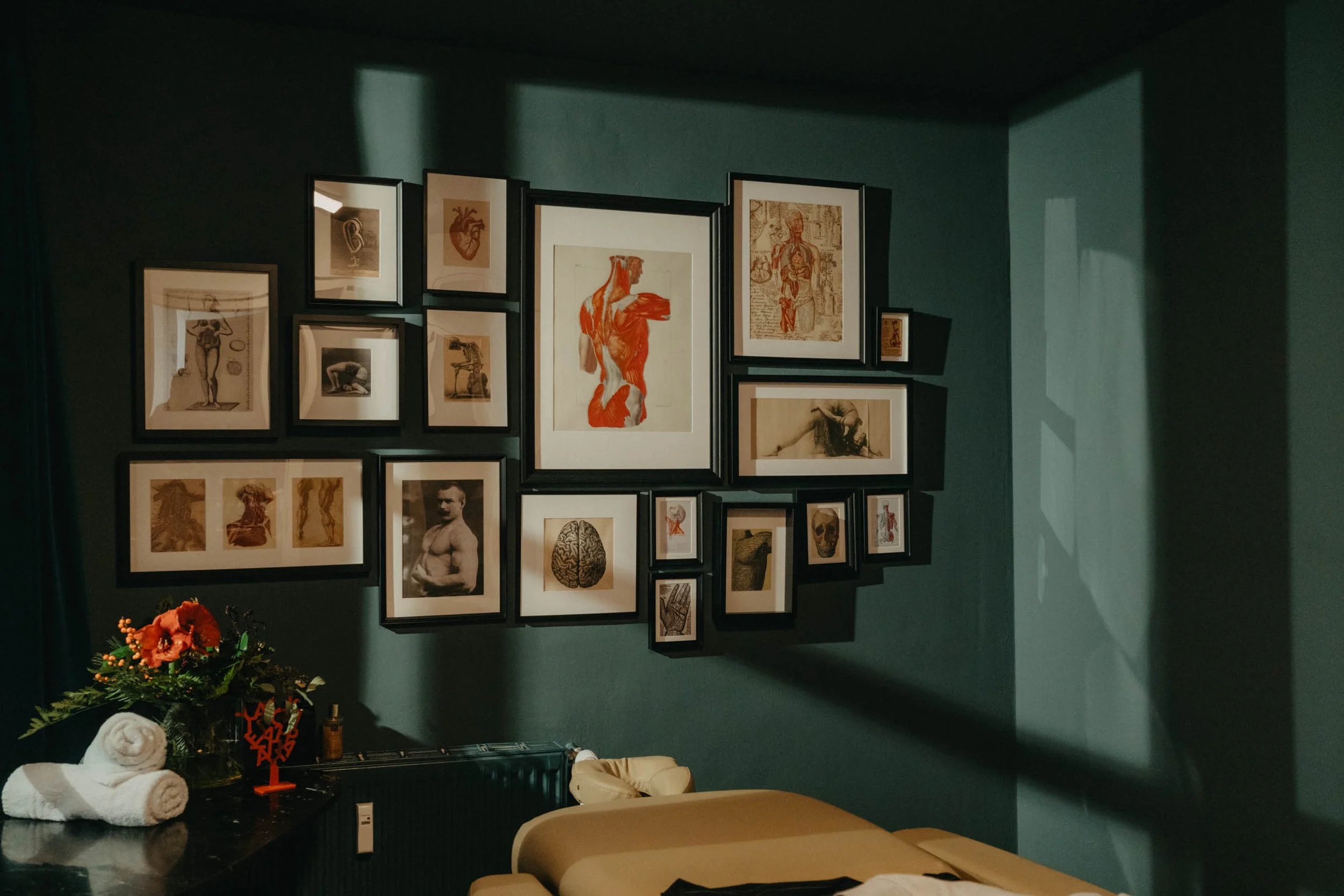 Eine Wand mit einer verschiedenen Anzahl an Bilder gerahmt in schwarz, einige sind Skizzen und Fotos über den menschlichen Körper und Anatomie, gruppiert in einem Galeriestil. Im Vordergrund eine Tischdecke mit einem Blumenarrangement, Handtüchern und Dekorationen.