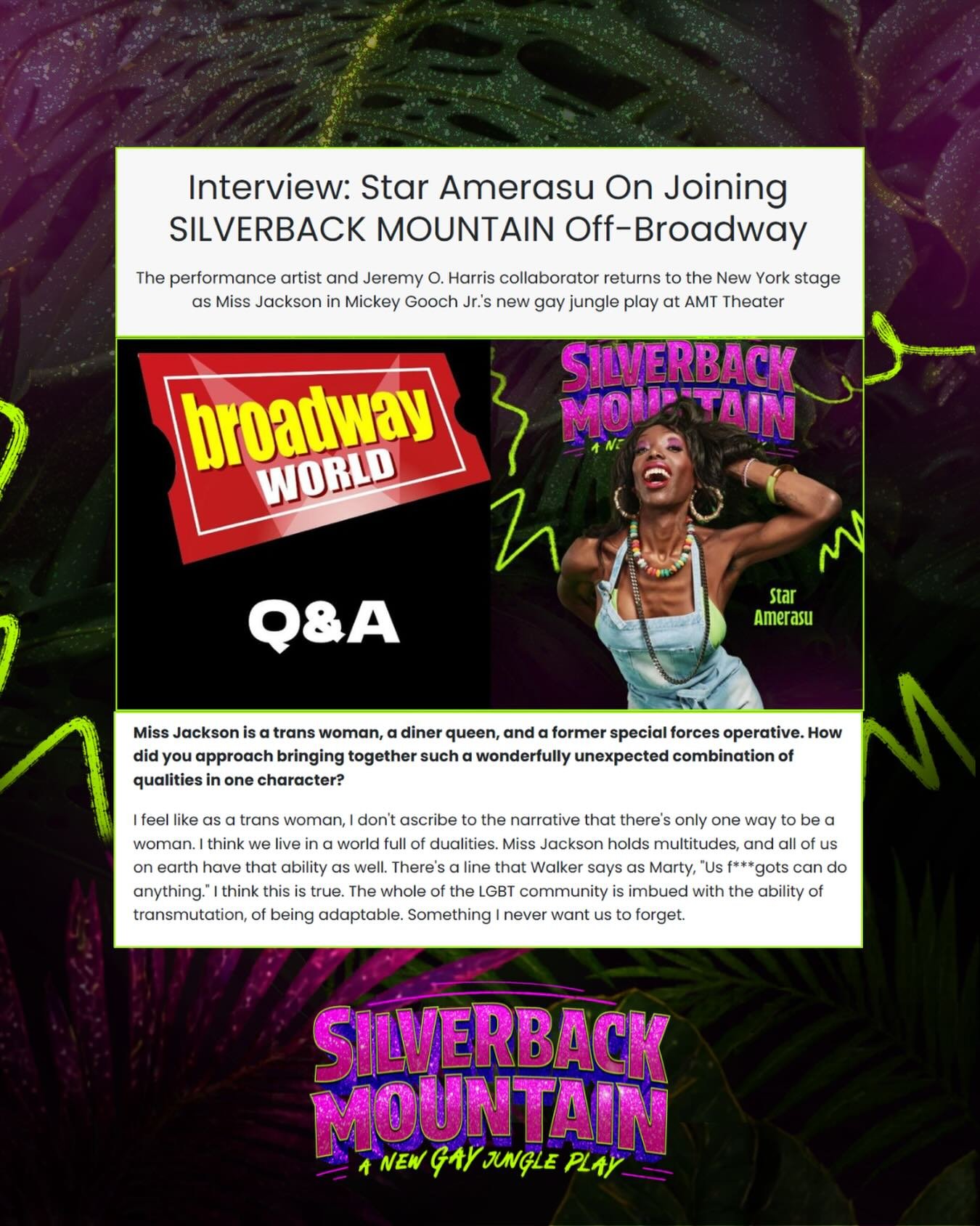 Read the rest of BroadwayWorld&rsquo;s interview with @staramerasu in the link in our bio!

#silverbackmountain #offbraodway #lgbttheatre