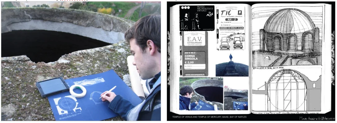 Drawing by hand on the roof of the oldest surviving concrete dome in the world – the &nbsp;Temple of Mercury, Baiae, Bay of Naples (late 1st century BC) - built using pozzolana from Mount Vesuvius 30 miles away.