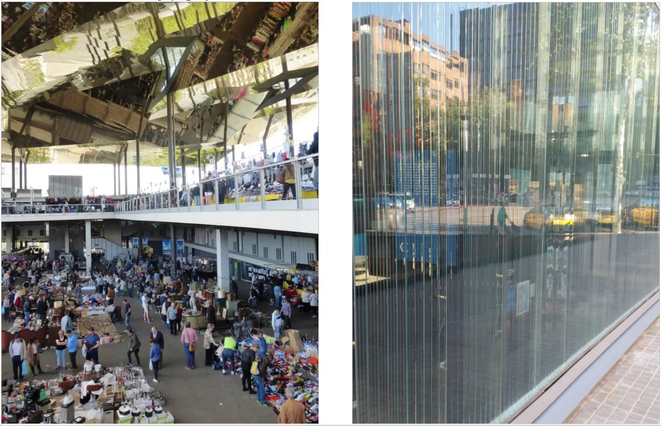 The Canopia Urbana at the Plaça Glories Flea Market (left) and the glass wall of the Barcelona Roca Gallery (right)