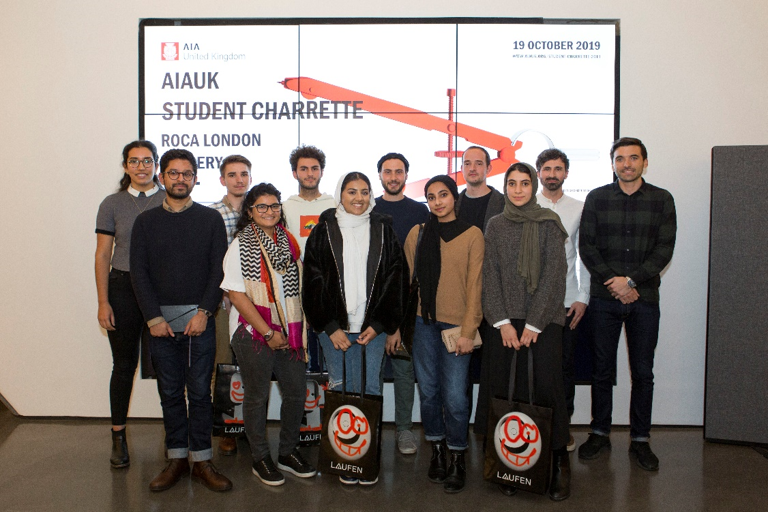 The winning team, mentored by Andrea Maugeri RIBA BSc MArch ARB - Hafsa Syed / Nabiha Qadir /Maryam Daudi / Daniel Berende / Emanuele Volpe with jurors, event organiser and mentor. Photo Credit: ©Agnese Sanvito