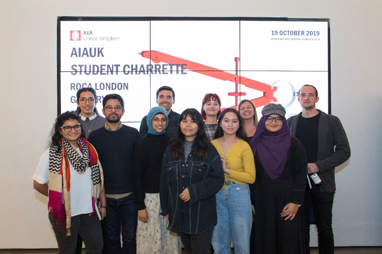 The runners up, mentored by Michelle Martin RIBA BA (Hons), MArch, ADPPA, AIA Int. ARB - Ella Reed / Alcina Lo / Aisha Nadim /Esther Calinawan / Maryam Islam with jurors, event organiser and mentor. Photo Credit: ©Agnese Sanvito