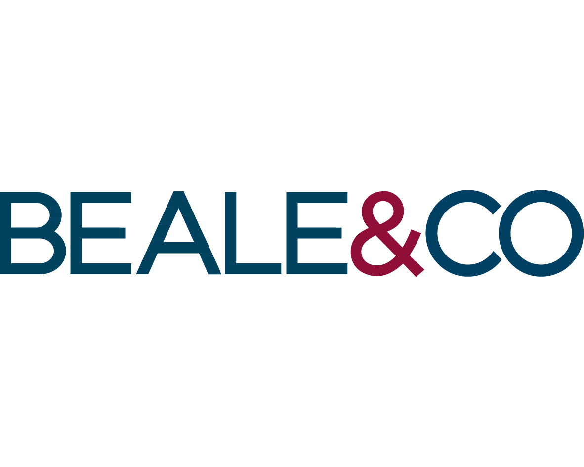 Logo for BEALE & CO with stylized black silhouette of a seal and bold text in navy and burgundy.