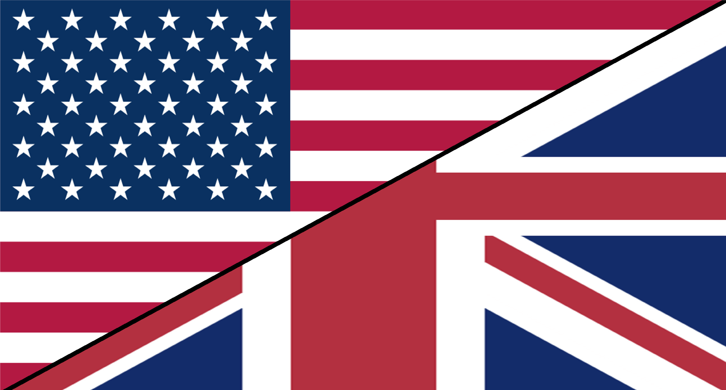 The image shows a split flag with the United States flag on the top left and the United Kingdom flag on the bottom right.