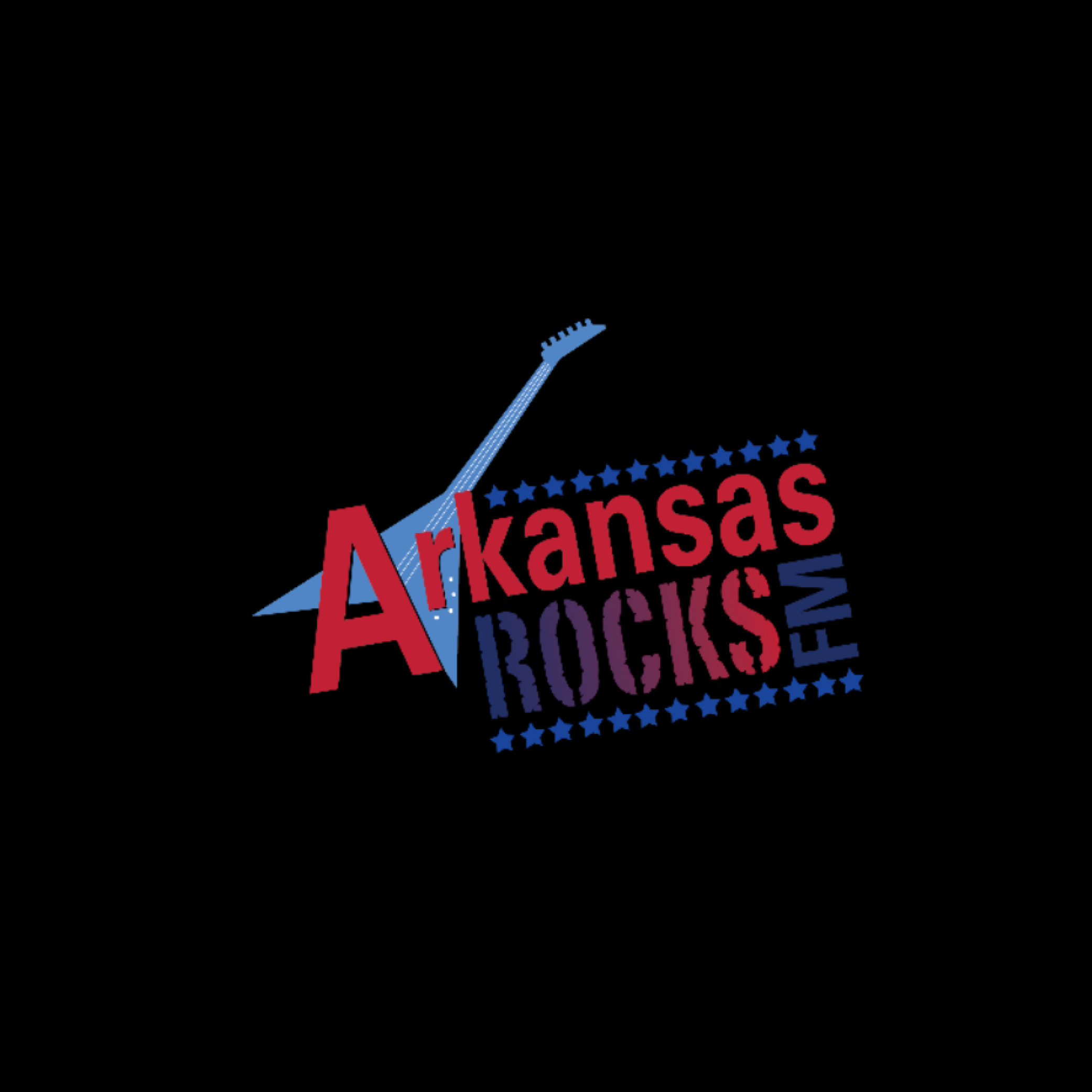 Logo for Arkansas Rocks FM featuring a blue electric guitar and red and purple text.