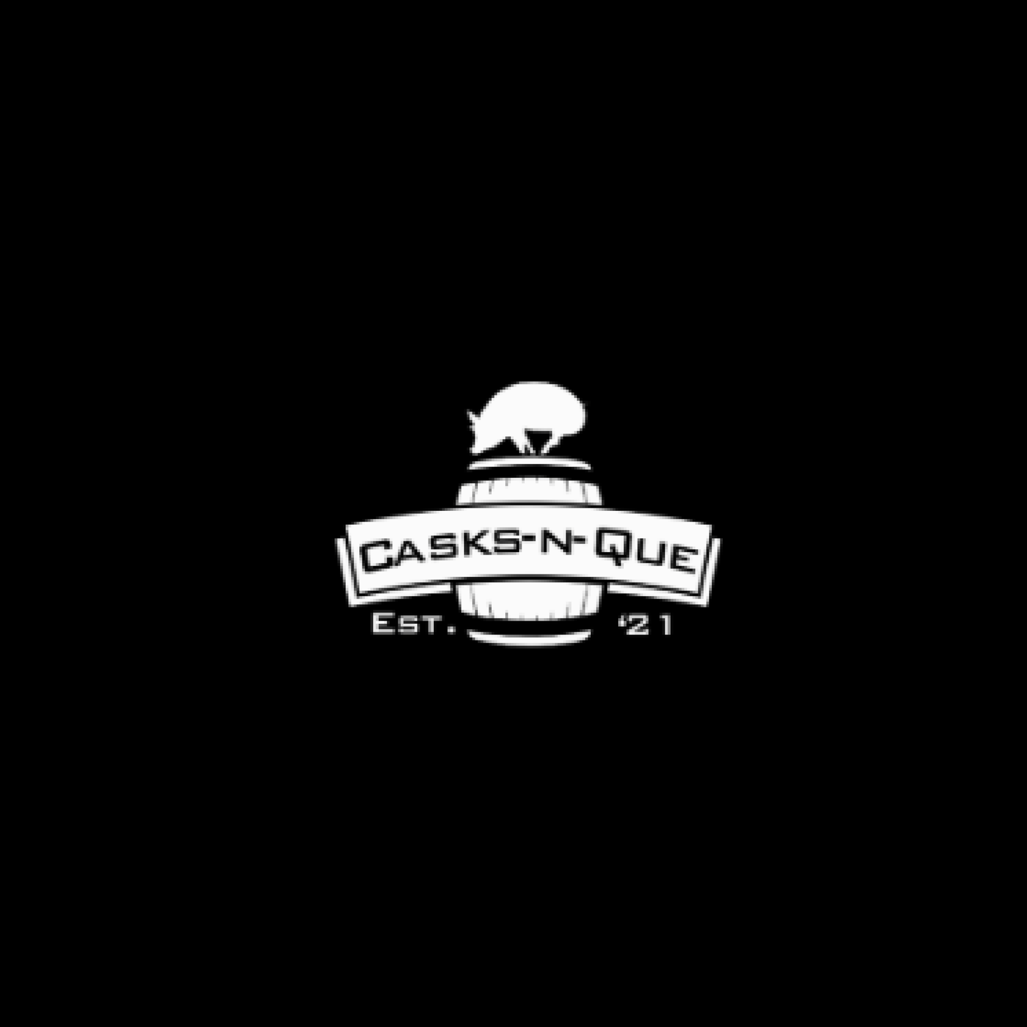 Logo with a pig on top of a barrel, with a banner reading 'Casks-N-Que' and text 'EST. '21'.