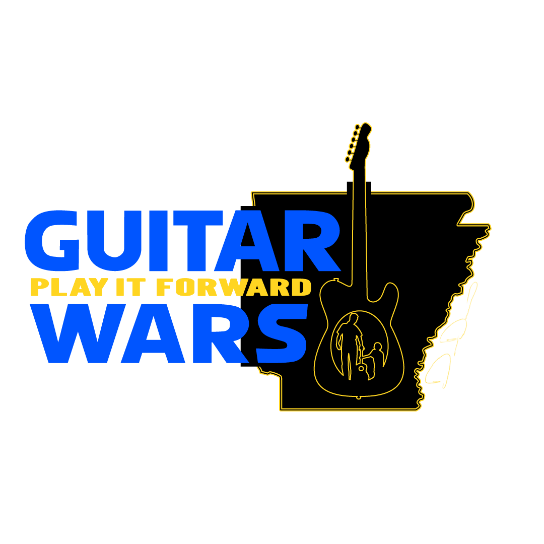 Graphic design combining a silhouette of Texas with a guitar outline, featuring the text 'GUITAR WARS' in blue, and the phrase 'PLAY IT FORWARD' in yellow.