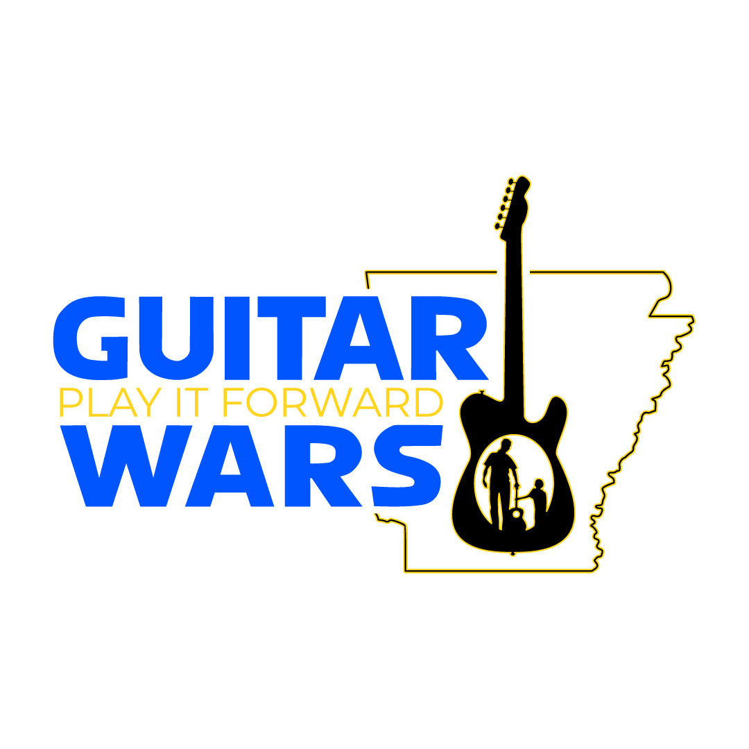 Design featuring a yellow outline of a guitar integrated with an outline of the state of Arkansas. The text reads 'GUITAR WARS' in large blue font, with 'PLAY IT FORWARD' in smaller yellow font underneath.