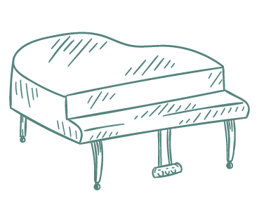 Sketch of a grand piano with curved lid and four legs.