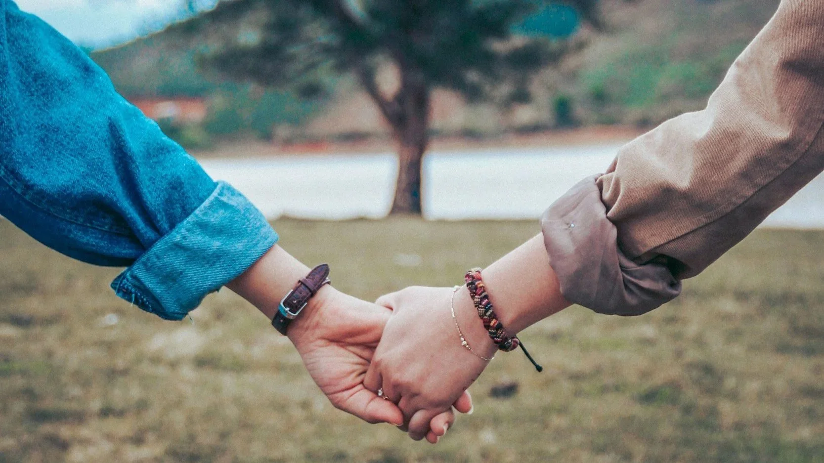 Close-up of two people holding hands outdoors near a lake with a tree in the background.