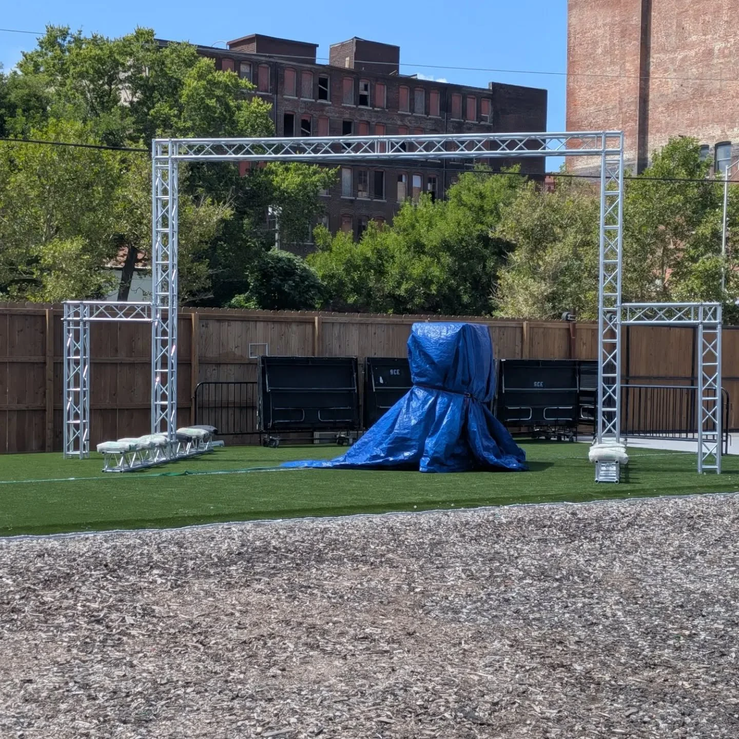 Little stage build progress from @finnuh
Much love to @switchback.kc and @saucybooking , and @phaseshift_audio the dream team of the West bottoms
Stay tuned as the summer gets hotter in #kcwestbottoms 
#cavemanillumination #riddim #edmlifestyle #kcmu