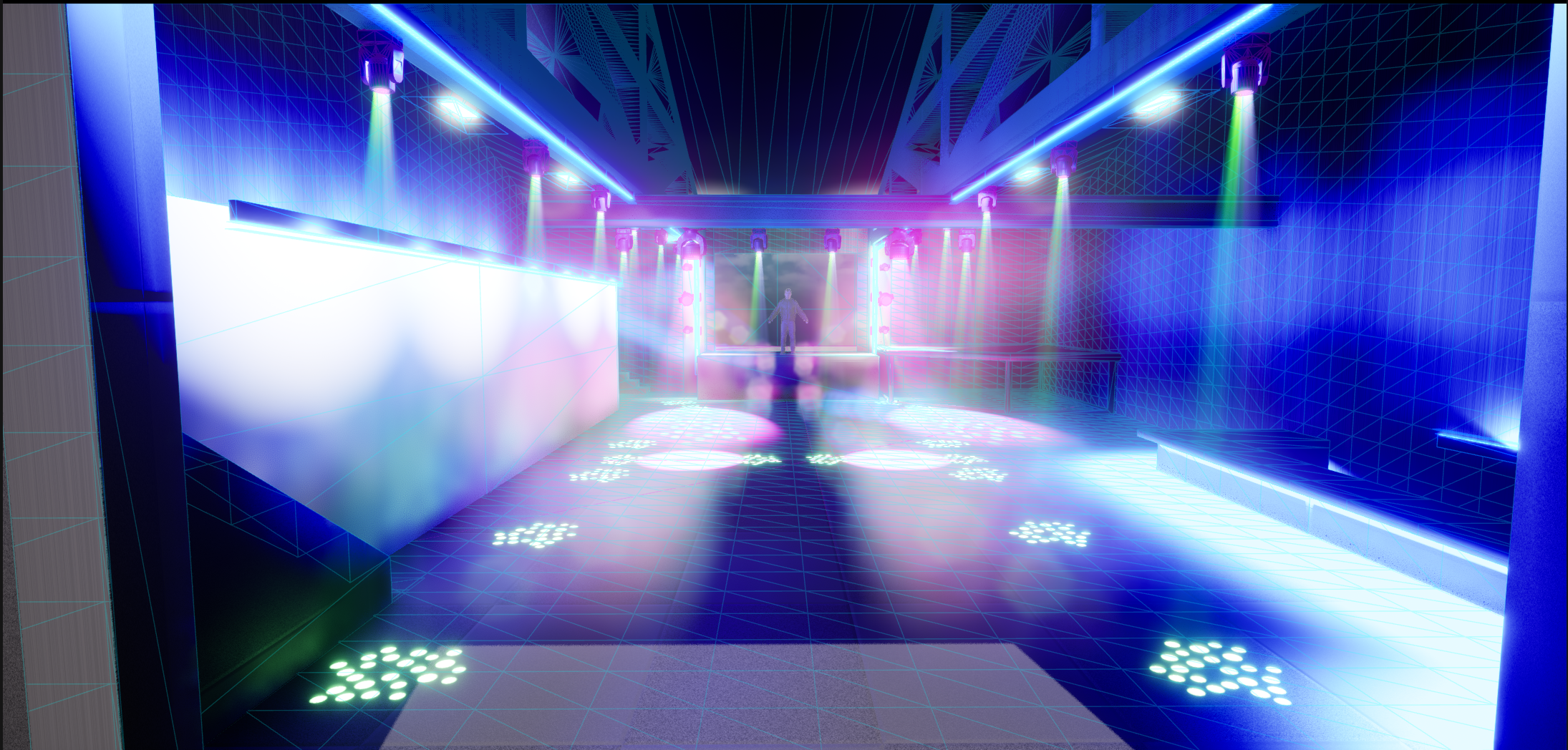 Digital rendering of a futuristic nightclub dance floor with colorful laser lights, a DJ booth, and a holographic interface.