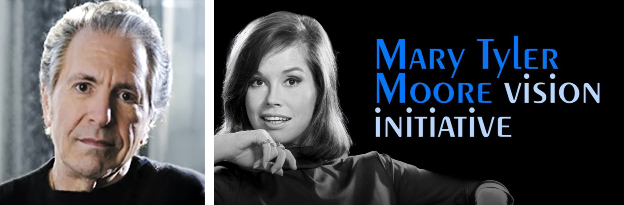 A portrait of Dr. Robert Levine alongside a promotional banner for the Mary Tyler Moore Vision Initiative featuring black and white portraiture of a young Mary Tyler Moore and the initiative's branding.